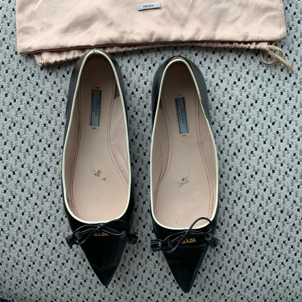 Prada Pointed Toe Logo Ballet Flat
